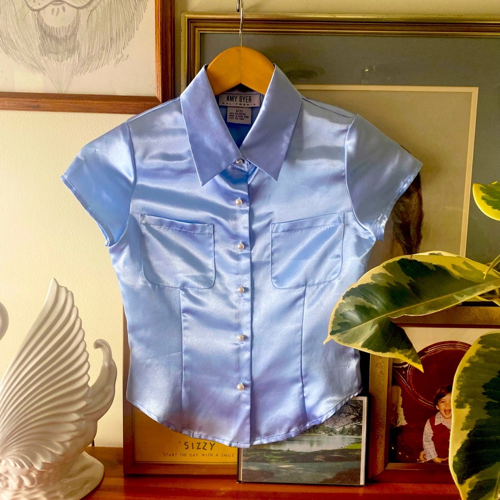 Vintage Satin Periwinkle Pearl Button Short Sleeve Top - Clueless Delia*s 90’s